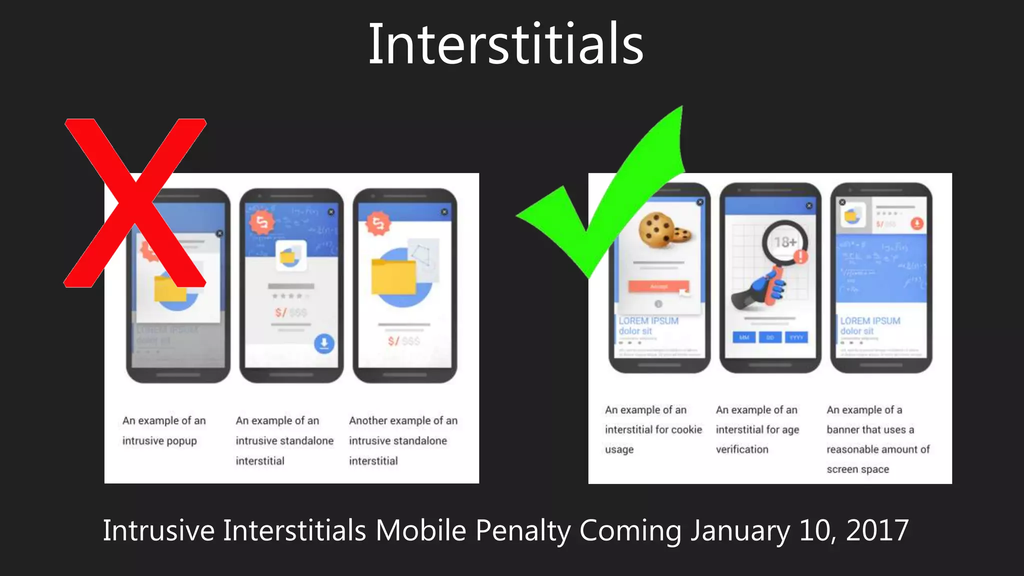 Interstitials
Intrusive Interstitials Mobile Penalty Coming January 10, 2017
 