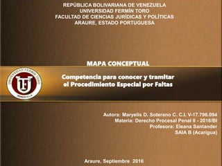 REPÚBLICA BOLIVARIANA DE VENEZUELA
UNIVERSIDAD FERMÍN TORO
FACULTAD DE CIENCIAS JURÍDICAS Y POLÍTICAS
ARAURE, ESTADO PORTUGUESA
Autora: Maryelis D. Soterano C. C.I. V-17.796.094
Materia: Derecho Procesal Penal II - 2016/BI
Profesora: Eleana Santander
SAIA B (Acarigua)
Araure, Septiembre 2016
MAPA CONCEPTUAL
Competencia para conocer y tramitar
el Procedimiento Especial por Faltas
 