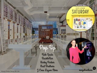 maryelisechavez
Kate Spade
BaubleBar
Warby Parker
Mast Brothers
J Crew Liquor Store
Pop Up	
 
Warby Parker Store, NY, NY
 