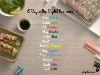 A Day in the Digital Economy
Wake Airbnb
Switch WeMo
Eat Seamless
Play Babolat
Drive Uber
Assist Zirtual
Want On-Demand
Buy Shopkick
Clean FlyCleaners
Pamper Zeel
Watch Roku
Toast Lot18
maryelisechavez
 