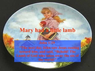 Mary had a little lamb John 1:29  “ The next day John saw Jesus coming toward him, and said, “Behold! The Lamb of God who takes away the sin of the world!” 