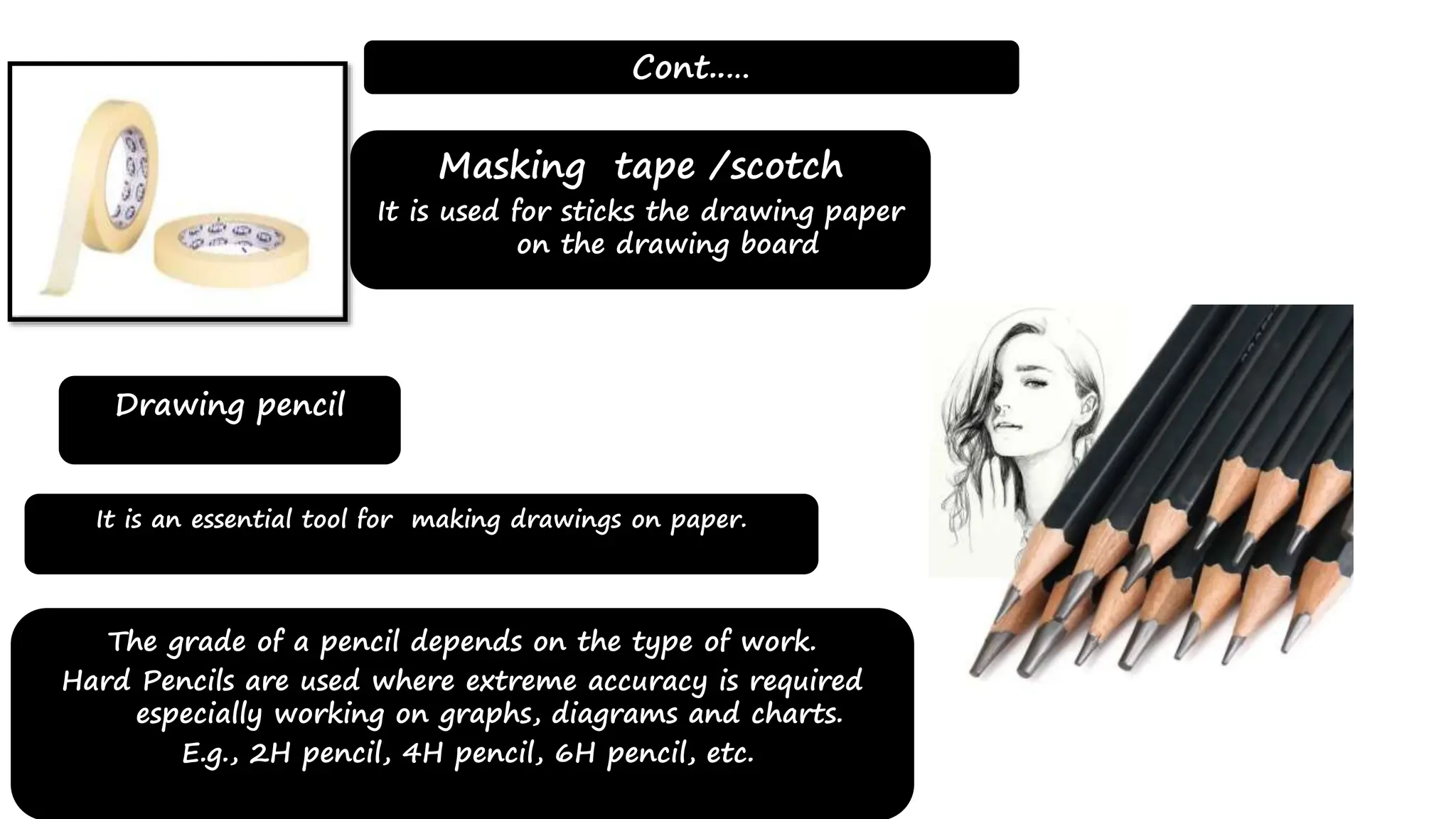 Cont..…
Masking tape /scotch
It is used for sticks the drawing paper
on the drawing board
It is an essential tool for making drawings on paper.
The grade of a pencil depends on the type of work.
Hard Pencils are used where extreme accuracy is required
especially working on graphs, diagrams and charts.
E.g., 2H pencil, 4H pencil, 6H pencil, etc.
Drawing pencil
 