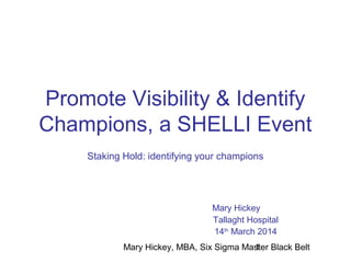 Mary Hickey, MBA, Six Sigma Master Black Belt1
Promote Visibility & Identify
Champions, a SHELLI Event
Staking Hold: identifying your champions
Mary Hickey
Tallaght Hospital
14th
March 2014
 