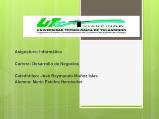 Asignatura: Informática
Carrera: Desarrollo de Negocios

Catedrático: José Raymundo Muñoz Islas
Alumna: María Estefes Hernández

 