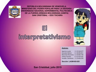 REPÚBLICA BOLIVARIANA DE VENEZUELA
MINISTERIO DEL PODER POPULAR PARA LA DEFENSA
UNIVERSIDAD NACIONAL EXPERIMENTAL POLITÈCNICA
DE LA FUERZA ARMADA BOLIVARIANA (UNEFA)
SAN CRISTÓBAL – EDO TÁCHIRA
San Cristóbal, julio 2015
Autores:
Aparicio Lucely C.I 23.544.077
Gonzales Nelson C.I 18.046.811
Morantes Rossmary C.I 19.665.728
Yirlesa Toscano C.I 21.419.162
Yeraldin Zambrano C.I 23.826.350
Sección: LAGM-8S-02D
 