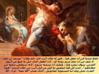 ‫وقال‬ ‫حلم‬ ‫في‬ ‫الرب‬ ‫مالك‬ ‫له‬ ‫ظهر‬ ، ‫هذا‬ ‫يفعل‬ ‫أن‬ ‫قرر‬ ‫عندما‬ ‫فقط‬
" :
، ‫داود‬ ‫بن‬ ‫يوسف‬
‫الروح‬ ‫من‬ ‫فيها‬ ‫به‬ ‫حبل‬ ‫الذي‬ ‫الطفل‬ ‫الن‬ ، ‫لك‬ ‫زوجة‬ ‫مريم‬ ‫تتخذ‬ ‫أن‬ ‫من‬ ‫تخف‬ ‫ال‬
‫القدس‬
.
‫من‬ ‫شعبه‬ ‫سيخلص‬ ‫ألنه‬ ، ‫يسوع‬ ‫تسميه‬ ‫أن‬ ‫وعليك‬ ، ‫ولدا‬ ‫تنجب‬ ‫سوف‬
‫خطاياهم‬
."
‫النبي‬ ‫خالل‬ ‫من‬ ‫الرب‬ ‫قبل‬ ‫من‬ ‫قيل‬ ‫ما‬ ‫لتحقيق‬ ‫هذا‬ ‫كل‬ ‫حدث‬
" :
‫هوذا‬
‫يعني‬ ‫الذي‬ ، ‫عمانوئيل‬ ‫فيسمونه‬ ‫ابنا‬ ‫وتلد‬ ‫تحبل‬ ‫العذراء‬
"
‫معنا‬ ‫هللا‬
."
‫لو‬
1
،
20
 