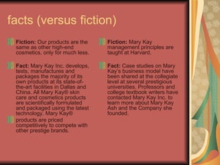 facts (versus fiction) Fiction: Our products are the same as other high-end cosmetics, only for much less. Fact: Mary Kay Inc. develops, tests, manufactures and packages the majority of its own products at its state-of-the-art facilities in Dallas and China. All Mary Kay® skin care and cosmetics products are scientifically formulated and packaged using the latest technology. Mary Kay® products are priced competitively to compete with other prestige brands. Fiction: Mary Kay management principles are taught at Harvard. Fact: Case studies on Mary Kay’s business model have been shared at the collegiate level at several prestigious universities. Professors and college textbook writers have contacted Mary Kay Inc. to learn more about Mary Kay Ash and the Company she founded.