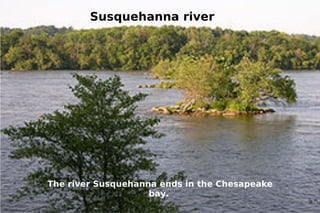 Susquehanna river  The river Susquehanna ends in the Chesapeake bay. 
