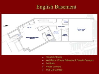 English Basement




   Private Entrance
   Wet Bar w. Cherry Cabinetry & Granite Counters
   Full Bath
   House Laundry
   Two-Car Garage
 