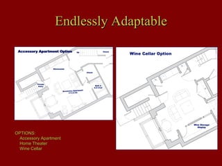 Endlessly Adaptable




OPTIONS:
 Accessory Apartment
 Home Theater
 Wine Cellar
 