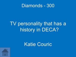 Diamonds - 400


Late night talk show host that
    was a DECA member

          Jay Leno
 