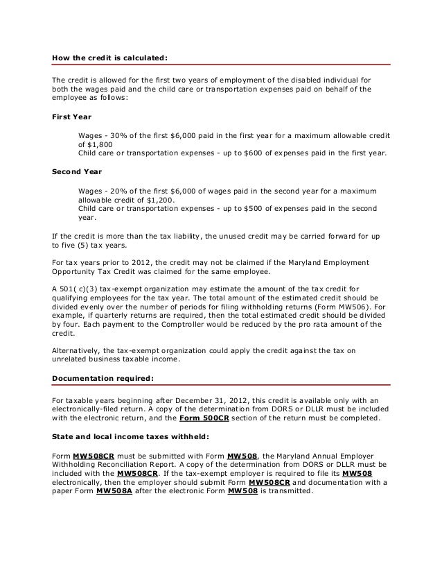 maryland disability employment tax credit form mw508
