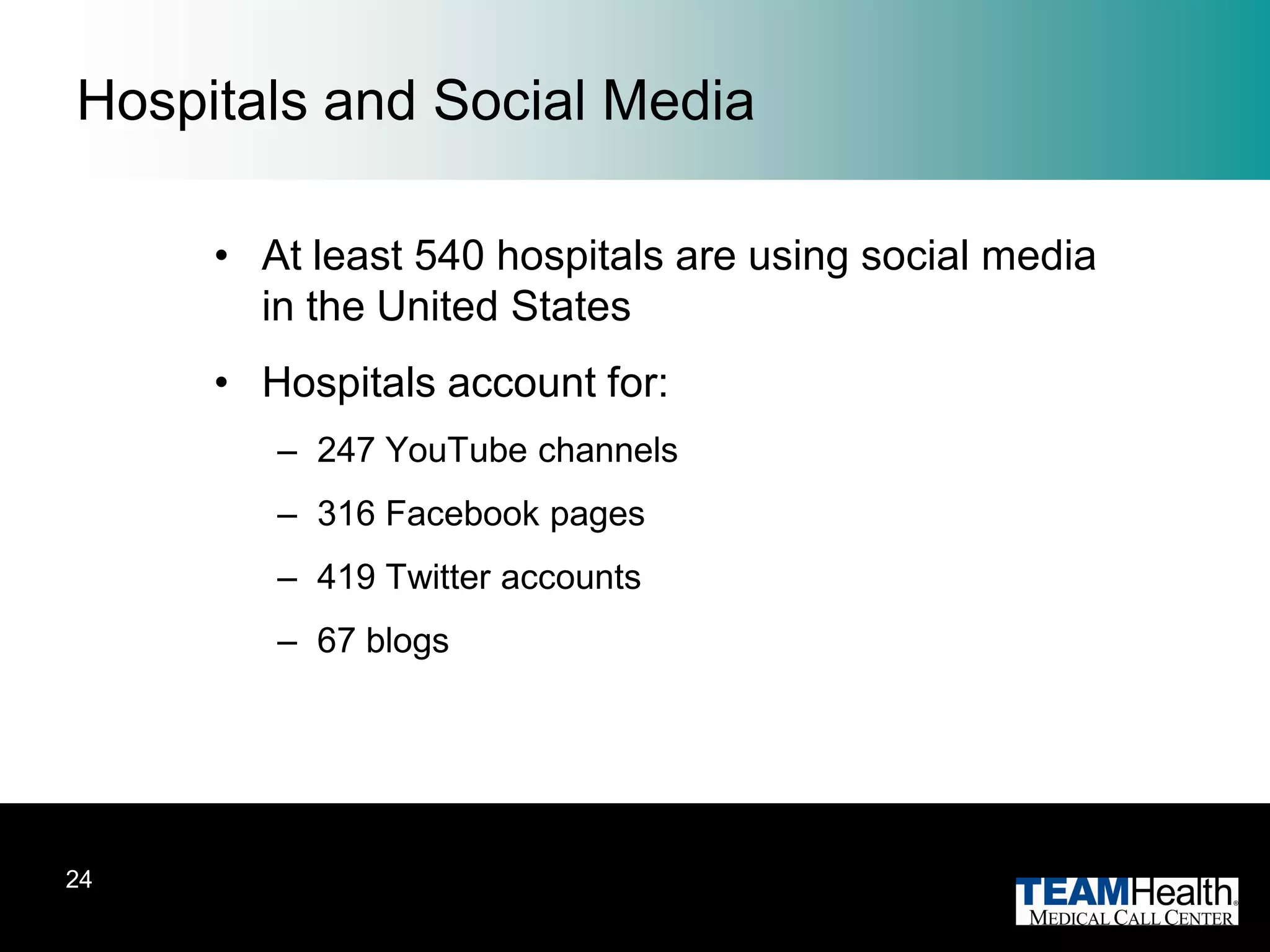 Hospitals and Social Media

     • At least 540 hospitals are using social media
       in the United States
     • Hospitals account for:
        – 247 YouTube channels
        – 316 Facebook pages
        – 419 Twitter accounts
        – 67 blogs




24
 