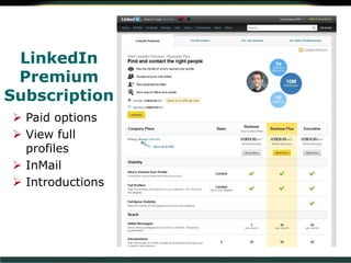 LinkedIn
Premium
Subscription
 Paid options
 View full
profiles
 InMail
 Introductions
 