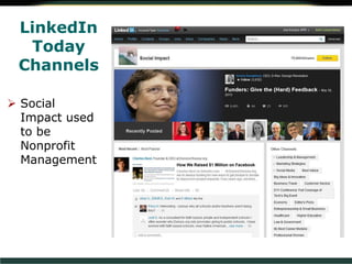 LinkedIn
Today
Channels
 Social
Impact used
to be
Nonprofit
Management
 