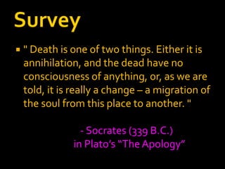  This presentation provides a survey of
academic parapsychology research on
ghosts, poltergeists and hauntings from
1885 ...