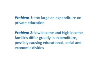 Problem 1: too large an expenditure on 
private education

Problem 2: low income and high income 
families differ greatly in expenditure, 
possibly causing educational, social and 
economic divides
 