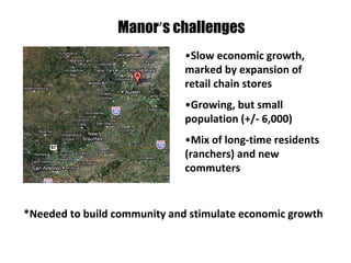 Manor’s challenges
                              •Slow economic growth, 
                              marked by expansion of 
                              retail chain stores
                              •Growing, but small 
                              population (+/‐ 6,000)
                              •Mix of long‐time residents 
                              (ranchers) and new 
                              commuters


*Needed to build community and stimulate economic growth
 