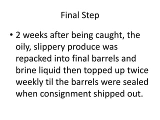 Final Step
• 2 weeks after being caught, the
oily, slippery produce was
repacked into final barrels and
brine liquid then topped up twice
weekly til the barrels were sealed
when consignment shipped out.
 