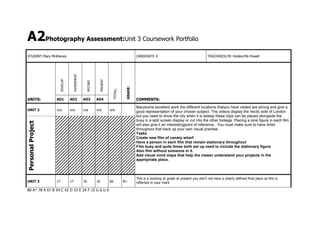 A2Photography Assessment:Unit 3 Coursework Portfolio

PRESENT

AO1

AO2

AO3

AO4

UNIT 3

n/a

n/a

n/a

n/a

n/a

17

17

16

16

66

GRADE:

RECORD

UNITS:

UNIT 3

80 A* 78 A 67 B 54 C 42 D 33 E 24 F 15 G 6 U 0

TEACHER(S):Mr Holden/Ms Powell

COMMENTS:
Marysome excellent work the different locations thatyou have visited are strong and give a
good representation of your chosen subject. The videos display the hectic side of London
but you need to show the city when it is asleep these clips can be played alongside the
busy in a split screen display or cut into the other footage. Placing a lone figure in each film
will also give it an interestingpoint of reference.. You must make sure to have Artist
throughout that back up your own visual practise.
Tasks
Create new film of canary wharf
Have a person in each film that remain stationary throughout
Film busy and quite times both set up need to include the stationary figure
Also film without someone in it.
Add visual mind maps that help the viewer understand your projects in the
appropriate place.

Personal Project

TOTAL:

EXPERIMENT

CANDIDATE #

DEVELOP

STUDENT:Mary Mcilheney

B+

This is a working at grade at present you don’t not have a clearly defined final piece so this is
reflected in your mark

 