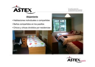 Alojamiento
• Habitaciones individuales o compartidas
• Baños compartidos en los pasillos
• Chicos y chicas divididos por residencias
 