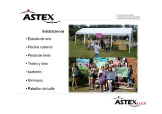 Instalaciones

• Estudio de arte

• Piscina cubierta

• Pistas de tenis

• Teatro y cine

• Auditorio

• Gimnasio

• Pabellon de baile
 