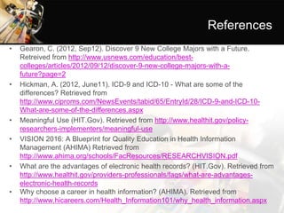References
• Gearon, C. (2012, Sep12). Discover 9 New College Majors with a Future.
Retreived from http://www.usnews.com/education/best-
colleges/articles/2012/09/12/discover-9-new-college-majors-with-a-
future?page=2
• Hickman, A. (2012, June11). ICD-9 and ICD-10 - What are some of the
differences? Retrieved from
http://www.ciproms.com/NewsEvents/tabid/65/EntryId/28/ICD-9-and-ICD-10-
What-are-some-of-the-differences.aspx
• Meaningful Use (HIT.Gov). Retrieved from http://www.healthit.gov/policy-
researchers-implementers/meaningful-use
• VISION 2016: A Blueprint for Quality Education in Health Information
Management (AHIMA) Retrieved from
http://www.ahima.org/schools/FacResources/RESEARCHVISION.pdf
• What are the advantages of electronic health records? (HIT.Gov). Retrieved from
http://www.healthit.gov/providers-professionals/faqs/what-are-advantages-
electronic-health-records
• Why choose a career in health information? (AHIMA). Retrieved from
http://www.hicareers.com/Health_Information101/why_health_information.aspx
 