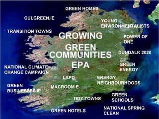 GREEN HOMES
CULGREEN.IE

YOUNG
ENVIRONMENTALISTS

TRANSITION TOWNS

GROWING
GREEN
COMMUNITIES
EPA
NATIONAL CLIMATE
CHANGE CAMPAIGN

LAPD
GREEN
BUSINESSES.IE

MACROOM E

DUNDALK 2020
GREEN
ENERGY

ENERGY
NEIGHBOURHOODS

TIDY TOWNS
GREEN HOTELS

POWER OF
ONE

GREEN
SCHOOLS
NATIONAL SPRING
CLEAN

 