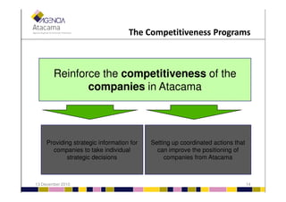 Reinforce the competitiveness of the
companies in Atacama
The Competitiveness Programs
13 December 2010 14
Setting up coordinated actions that
can improve the positioning of
companies from Atacama
Providing strategic information for
companies to take individual
strategic decisions
 