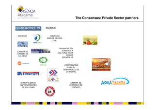 COMPAÑÍA
MINERA NEVADA
Ltda.
ASPIACOP
ASOMICO
CAMARA DE
TURISMO DE
ORGANIZACIÓN
TURISTICA Y
CULTURAL RUTA
DE LOS
The Consensus: Private Sector partners
CALDERA
CORPORACIÓN
PARA EL
DESARROLLO DE
CHAÑARAL
AGRUPACIÓN DE
EMPRENDEDORES
DE VALLENAR
DE LOS
ESPAÑOLES
CAMARA DE
COMERCIO DE
COPIAPO
 