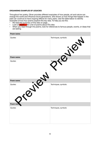 ORGANISING EXAMPLES OF LEGACIES
Throughout her poetry, Oliver provides different examples of how people, art and nature can
change the world and influence future generations. She shows us how things that happen in the
past can continue to have ongoing effects for many years. Use the table below to identify
examples of how four poems explore this key idea. To help you do this:
• Re-read the summary of this idea on page…
• Look at pages.... for a list of poems about this idea
• When you read through the poems, look for references to famous people, events, or ideas that
are lasting
Poem name:
Quotes: Techniques, symbols:
Poem name:
Quotes: Techniques, symbols:
Poem name:
Quotes: Techniques, symbols:
Poem name:
Quotes: Techniques, symbols:
42
P
r
e
v
i
e
w
P
r
e
v
i
e
w
 