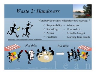 Waste 2: Handovers
                                           A handover occurs whenever we separate:*
                                                    Responsibility − What to do
                                                    Knowledge      − How to do it
                                                    Action         − Actually doing it
                                                    Feedback       − Learning from results
*Alan Ward: Lean Product and Process Development



                        Not this:                               But this:
                                 P
                                 R
                                 I
                                 O
                                 R
                                 I
                                 T
                                 I
                                 Z
                                 E




                                                             l e a n
                                 D
                                 !




 8        October 11        Copyright©2011 Poppendieck.LLC
 