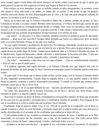 sería siempre igual a como había sido hasta entonces; de hecho, estaba convencida de que lo mejor que
podía pasarle es que sus días siguieran así hasta que llegara al final de los mismos.
Pero incluso en esos momentos en que se hallaba sumida en tales pensamientos, la aventura, como
ella misma le diría más tarde a mi madre, ya estaba ahí, al acecho. Y una noche en que las propias
estrellas parecían dientes de león desperdigados por el cielo y la luna una gran margarita rodeada de
luceros, la aventura le salió al encuentro.
Hacía ya un buen rato que la Ternera Colorada se había ido a dormir, cuando, de pronto, la Vaca
Colorada se levantó y se puso a bailar. Bailaba como una posesa, y lo hacía tan bien que a pesar de que
no seguía ninguna música, en ningún momento perdía el compás. Unas veces era una polca, otras un baile
escocés y, de vez en cuando, una danza de su propia cosecha. Y entre danza y danza hacía una reverencia
tan pronunciada que acababa propinándoles un buen testarazo a los dientes de león.
—¡Ay, señor! —se dijo para sí la Vaca Colorada, mientras iniciaba los primeros pasos de una danza
marinera—. ¡Qué cosa más increíble! Siempre había pensado que bailar era indecoroso, pero no puede
serlo si yo estoy bailando. Porque yo soy una vaca modelo.
Así que siguió bailando y pasándoselo de maravilla. Sin embargo, finalmente, terminó por cansarse y
decidió que ya había bailado bastante y que era hora de irse a dormir. Pero, para su gran sorpresa, se dio
cuenta de que no podía dejar de bailar. Cuando quiso tumbarse junto a la Ternera Colorada, sus patas no
le obedecieron. Siguieron brincando y dando cabriolas y, naturalmente, la llevaron con ellas. Y allá que
se fue, gira que te gira por el prado, pegando saltos, valsando y poniéndose de puntas.
—¡Ay, señor! —murmuraba a intervalos con voz muy refinada—. ¡Esto es verdaderamente chocante!
—Pero el caso es que no podía parar.
A la mañana siguiente, aún seguía bailando, y la Ternera Colorada tuvo que tomarse ella sola su
desayuno de dientes de león, porque la Vaca Colorada no conseguía estarse lo bastante quieta como para
comer.
Se pasó todo el día danza que te danza, prado arriba y prado abajo, con la Ternera Colorada detrás
de ella, mugiendo lastimeramente. Cuando llegó la segunda noche y vio que aquello seguía y no había
forma de pararlo, comenzó a sentirse francamente preocupada. Y cuando ya llevaba una semana entera
bailando, creyó que se iba a volver loca.
—Tengo que ir a ver al rey para hablarle de esto —decidió, sacudiendo enérgicamente la cabeza.
Así pues, tras despedirse de la Ternera Colorada con un beso y decirle que fuera buena, cruzó
bailando el prado y se marchó a hablar con el rey.
Hizo todo el camino sin dejar de bailar, alimentándose con pequeños manojos de hojas que arrancaba
de los setos por los que pasaba y atrayendo hacia sí multitud de miradas de asombro. Pero ninguno de los
que se asombraron al verla lo estaba más que la propia Vaca Colorada.
Finalmente, llegó al palacio donde vivía el rey. Tiró de la cuerda de la campanilla con la boca y,
cuando la puerta se abrió, la cruzó bailando, y bailando siguió por el amplio camino que, tras atravesar el
jardín, desembocaba en el arranque de las escalinatas que conducían al trono del rey.
Y allí sentado estaba el rey, ocupado en elaborar un nuevo paquete de leyes. A medida que se le iban
ocurriendo, su secretario las iba anotando, una a una, en un cuaderno rojo. Por todas partes había
cortesanos y damas de honor, suntuosamente vestidos y hablando todos a la vez.
—¿Cuántas se me han ocurrido hoy? —preguntó el rey, volviéndose hacia el secretario. El secretario
 