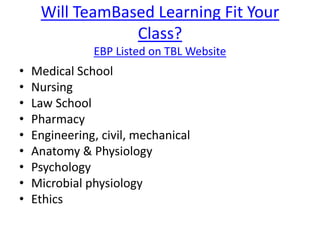 Will TeamBased Learning Fit Your
Class?
EBP Listed on TBL Website
• Medical School
• Nursing
• Law School
• Pharmacy
• Engineering, civil, mechanical
• Anatomy & Physiology
• Psychology
• Microbial physiology
• Ethics
 