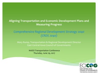 Aligning Transportation and Economic Development Plans and
Measuring Progress
Comprehensive Regional Development Strategy 2040
(CRDS 2040)
Mary Rump, Transportation & Regional Development Director
East Central Iowa Council of Governments
NADO Transportation Conference
Thursday, June 29, 2017
 