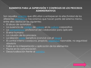 ELEMENTOS PARA LA SUPERVISIÓN Y CONTROLES DE LOS PROCESOS
ADMINISTRATIVOS
Son aquellos eventos que dificultan o entorpecen la efectividad de los
diferentes procesos o mecanismos que hacen parte del sistema mismo,
entre ellas destacan las siguientes:
• El abuso de autoridad
• La ausencia de código de valores en la cultura corporativa
• La competencia profesional del colaborador para aplicarlo
• El error humano
• La colusión de los procesos
• La relación costo beneficio (convivir con el riesgo)
• El control interno coadyuva, propicia, seguridad razonable, no seguridad
absoluta
• Fallas en la interpretación y aplicación de los elementos
• Fisuras en la comunicación
• Desactualización frente al cambio.

 