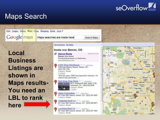 Maps Search  Local Business Listings are shown in Maps results-You need an LBL to rank here 