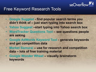 Google Suggest  - find popular search terms you didn’t think of – just start typing into search box Yahoo Suggest  –start typing into Yahoo search box WordTracker Questions Tool  – see questions people are asking Google AdWords Keyword Tool  - generate keywords and get competition data Market Samurai  – use for research and competition data – lots of free training material Google Wonder Wheel  – visually brainstorm keywords Free Keyword Research Tools 