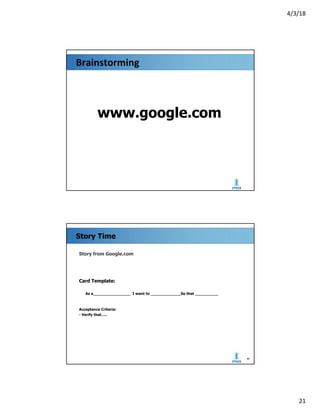 4/3/18
21
Brainstorming
www.google.com
Story Time
Story from Google.com
Card Template:
As a________________ I want to _____________So that __________
Acceptance Criteria:
- Verify that…..
201
0
42
4/3/18
 