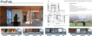PreFab

DD

OUTDOOR CONNECTION
Sustainable Features

Prototype: H-House

- Daylight
- Natural Ventilation
- Wall Paneling System are (6’x10’) or (8’x10’)
- SIP or CLT walls are used
- Modular systems allow homes to be custom and affordable
- Prefab construction saves time, building material, and cost
- Modular Planters help shade roof without the structure of having a green roof
- Water collection system stores and reduce water waste
- Solar Water Heating ready.

CC

CC

DD

Handicap Accessible Floor Plan
2% Slope

West Elevation

East Elevation

Section CC

Section DD

 