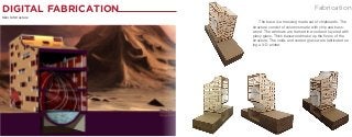 DIGITAL FABRICATION
Skin to Structure

Fabrication
The base is a massing made out of chipboards. The
structure consist of columns made with chip and basswood. The windows are framed in wood and layered with
plexy glass. Thick basswood make up the floors of the
structure. The voids and curded glass were fabricated using a 3-D printer.

 