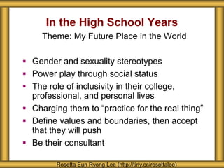 In the High School Years
Rosetta Eun Ryong Lee (http://tiny.cc/rosettalee)
Theme: My Future Place in the World
 Gender and sexuality stereotypes
 Power play through social status
 The role of inclusivity in their college,
professional, and personal lives
 Charging them to “practice for the real thing”
 Define values and boundaries, then accept
that they will push
 Be their consultant
 