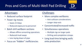 Pros and Cons of Multi-Well Pad Drilling
Advantages
• Reduced surface footprint
• Fewer rig moves
– Saves 2-4 days
– Reduc...