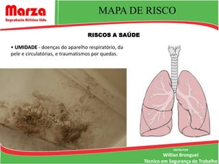 MAPA DE RISCO

                                RISCOS A SAÚDE

• UMIDADE - doenças do aparelho respiratório, da
pele e circulatórias, e traumatismos por quedas.




                                                               INSTRUTOR
                                                            Willian Bronguel
                                                   Técnico em Segurança do Trabalho
 