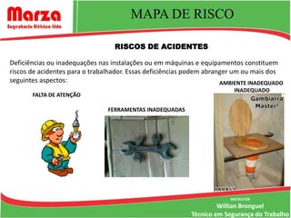 MAPA DE RISCO

                                  RISCOS DE ACIDENTES

Deficiências ou inadequações nas instalações ou em máquinas e equipamentos constituem
riscos de acidentes para o trabalhador. Essas deficiências podem abranger um ou mais dos
seguintes aspectos:                                                   AMBIENTE INADEQUADO
                                                                         INADEQUADO
       FALTA DE ATENÇÃO

                                FERRAMENTAS INADEQUADAS




                                                                       INSTRUTOR
                                                                    Willian Bronguel
                                                           Técnico em Segurança do Trabalho
 
