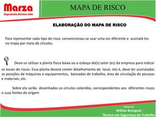 MAPA DE RISCO

                                 ELABORAÇÃO DO MAPA DE RISCO


  Para representar cada tipo de risco, convencionou-se usar uma cor diferente e assinalá-los
  no mapa por meio de círculos.




       Deve-se utilizar a planta física baixa ou o esboço do(s) setor (es) da empresa para indicar
os locais de riscos. Essa planta deverá conter detalhamento do local, isto é, deve ter assinaladas
as posições de máquinas e equipamentos, bancadas de trabalho, área de circulação de pessoas
e materiais, etc.

       Sobre ela serão desenhados os círculos coloridos, correspondentes aos diferentes riscos
e suas fontes de origem


                                                                              INSTRUTOR
                                                                          Willian Bronguel
                                                                 Técnico em Segurança do Trabalho
 