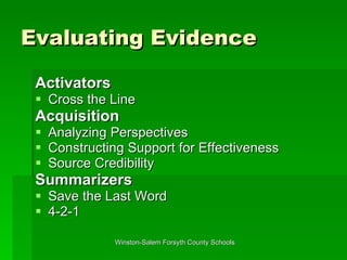 Evaluating Evidence Activators Cross the Line Acquisition Analyzing Perspectives Constructing Support for Effectiveness Source Credibility Summarizers Save the Last Word 4-2-1  