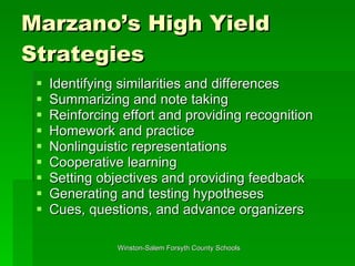 Marzano’s High Yield Strategies Identifying similarities and differences Summarizing and note taking Reinforcing effort and providing recognition Homework and practice Nonlinguistic representations Cooperative learning Setting objectives and providing feedback Generating and testing hypotheses Cues, questions, and advance organizers 
