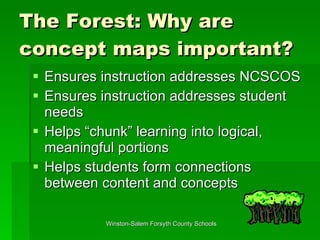 The Forest: Why are concept maps important? Ensures instruction addresses NCSCOS Ensures instruction addresses student needs Helps “chunk” learning into logical, meaningful portions Helps students form connections between content and concepts 