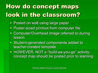 How do concept maps look in the classroom? Posted on wall using large paper Poster-sized printout from computer file Computer/Overhead image referred to during lesson Student-generated components added to teacher-created template HOWEVER, NOT a “build-as-you-go” activity; concept map should be posted prior to learning 